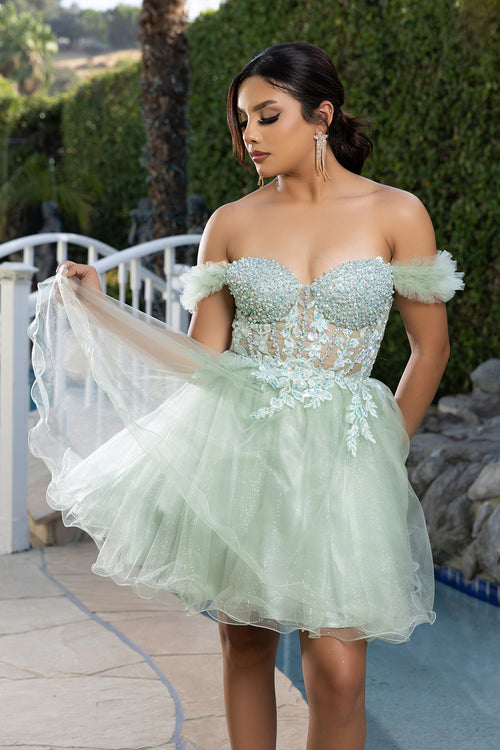 Off-Shoulder Beaded Tulle Homecoming Dress Short A-Line Corset Party Dress by May Queen MQ2193