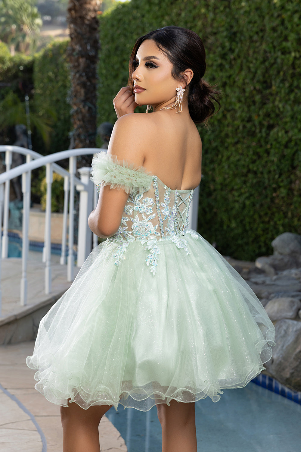 Off-Shoulder Beaded Tulle Homecoming Dress Short A-Line Corset Party Dress by May Queen MQ2193