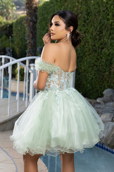 Off-Shoulder Beaded Tulle Homecoming Dress Short A-Line Corset Party Dress by May Queen MQ2193