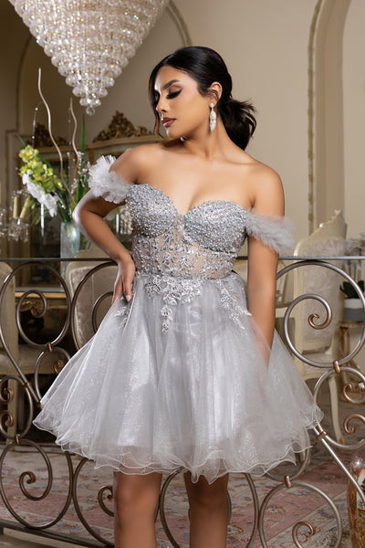 Off-Shoulder Beaded Tulle Homecoming Dress Short A-Line Corset Party Dress by May Queen MQ2193