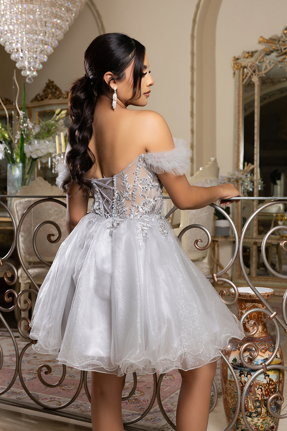 Off-Shoulder Beaded Tulle Homecoming Dress Short A-Line Corset Party Dress by May Queen MQ2193