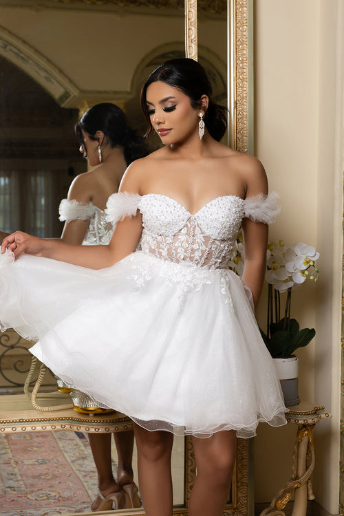 Off-Shoulder Beaded Tulle Homecoming Dress Short A-Line Corset Party Dress by May Queen MQ2193
