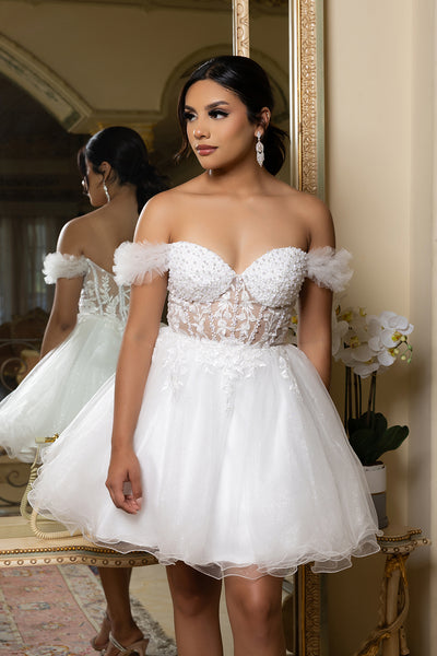 Off-Shoulder Beaded Tulle Homecoming Dress Short A-Line Corset Party Dress by May Queen MQ2193