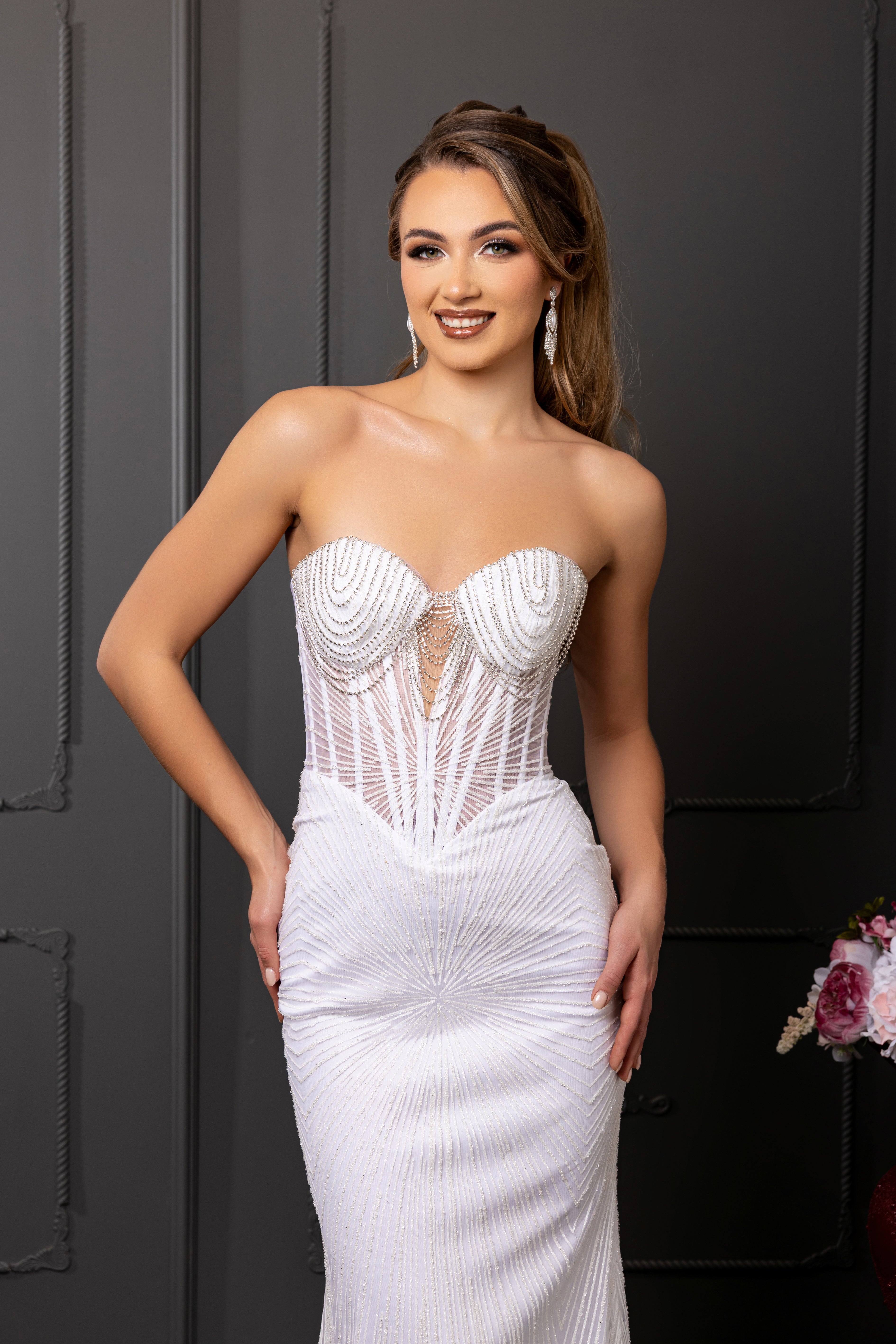 Beaded Sheath Wedding Dress Strapless Corset Bridal Gown with Illusion Bodice by May Queen MQ2195