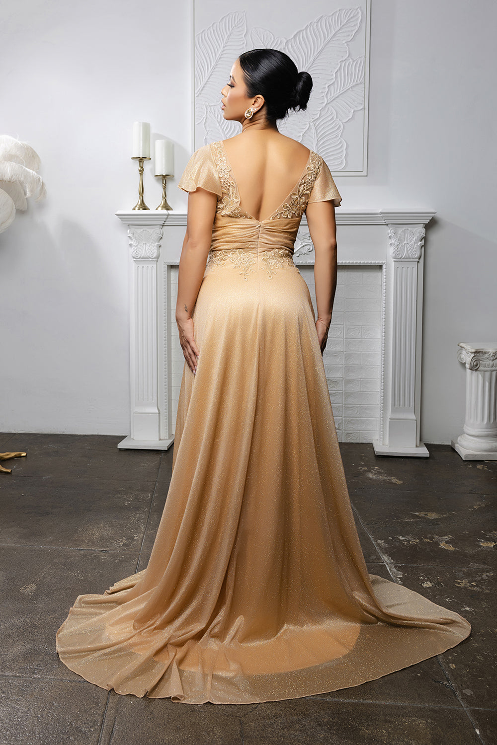 Elegant Mother of the Bride Glitter A-Line Gown with Flutter Sleeves & V-Back by May Queen MQ2196