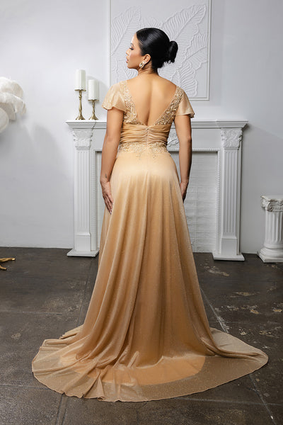 Elegant Mother of the Bride Glitter A-Line Gown with Flutter Sleeves & V-Back by May Queen MQ2196