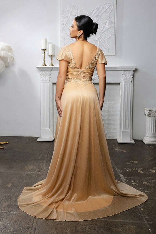 Elegant Mother of the Bride Glitter A-Line Gown with Flutter Sleeves & V-Back by May Queen MQ2196