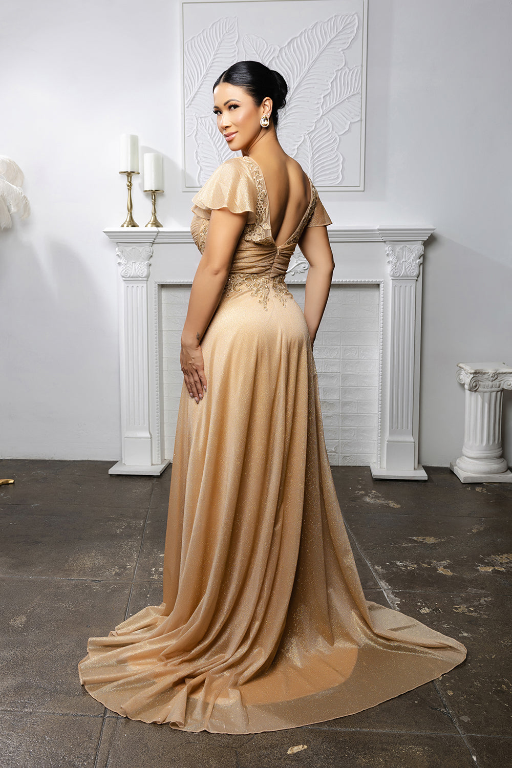 Elegant Mother of the Bride Glitter A-Line Gown with Flutter Sleeves & V-Back by May Queen MQ2196