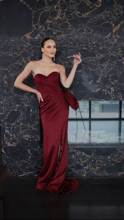Strapless Sweetheart Satin Evening Gown with Side Bow & High Slit Dress by May Queen MQ2198