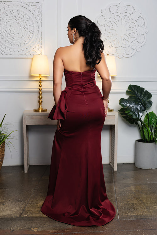 Strapless Sweetheart Satin Evening Gown with Side Bow & High Slit Dress by May Queen MQ2198
