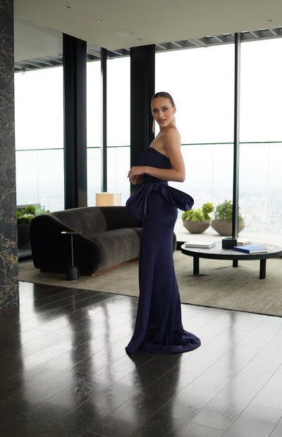 Strapless Sweetheart Satin Evening Gown with Side Bow & High Slit Dress by May Queen MQ2198