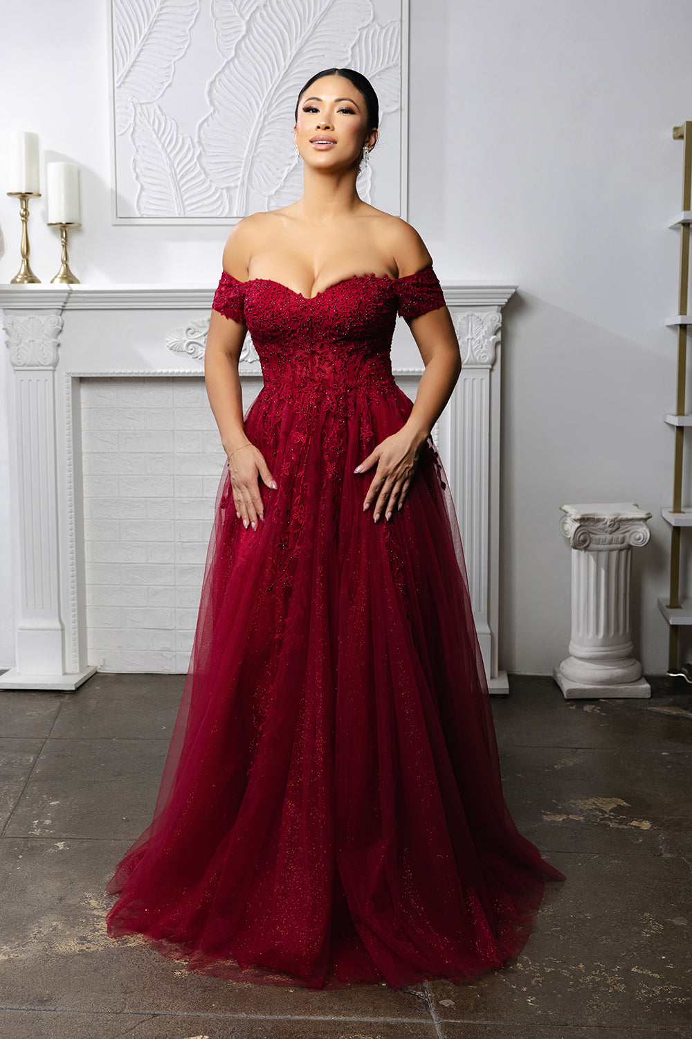 Off-Shoulder Lace Tulle Evening Gown with Corset Back and Slit Prom Dress by May Queen MQ2200
