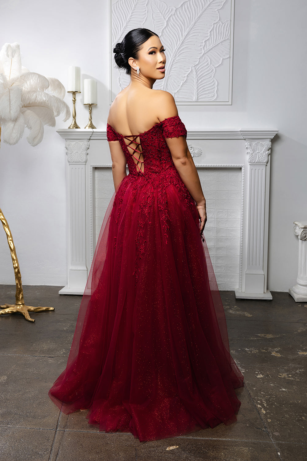 Off-Shoulder Lace Tulle Evening Gown with Corset Back and Slit Prom Dress by May Queen MQ2200