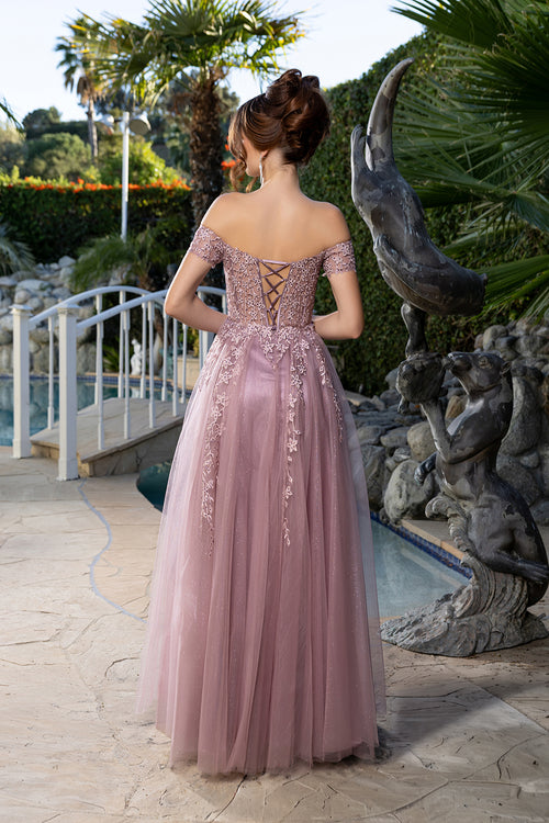 Off-Shoulder Lace Tulle Evening Gown with Corset Back and Slit Prom Dress by May Queen MQ2200