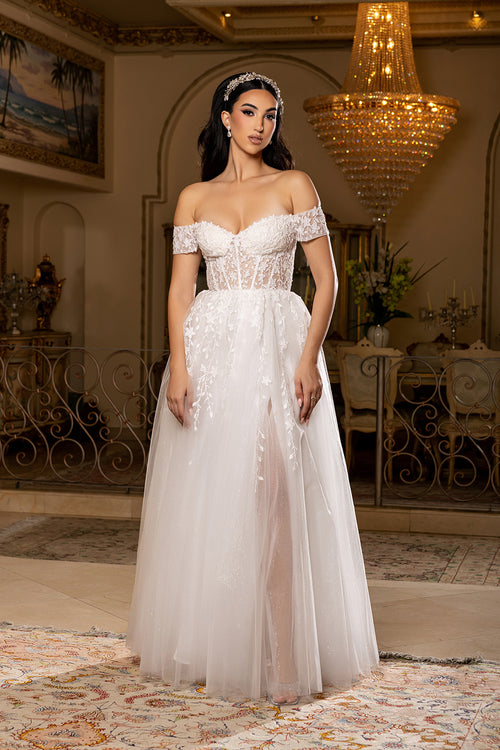 Off-Shoulder Corset Wedding Dress with Tulle A-Line Skirt & Slit Bridal Gown by May Queen MQ2200