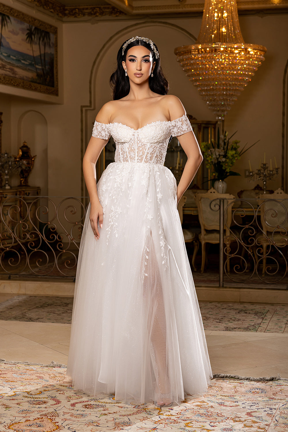 Off-Shoulder Corset Wedding Dress with Tulle A-Line Skirt & Slit Bridal Gown by May Queen MQ2200