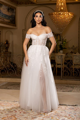 Off-Shoulder Corset Wedding Dress with Tulle A-Line Skirt & Slit Bridal Gown by May Queen MQ2200