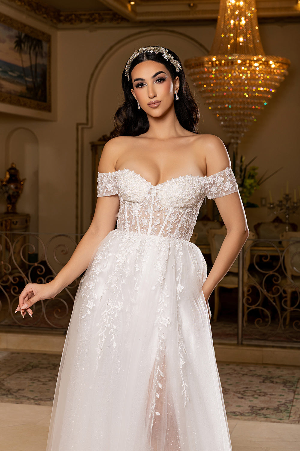 Off-Shoulder Corset Wedding Dress with Tulle A-Line Skirt & Slit Bridal Gown by May Queen MQ2200