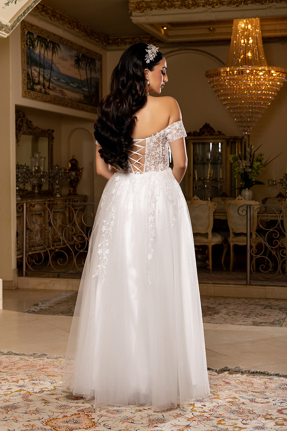 Off-Shoulder Corset Wedding Dress with Tulle A-Line Skirt & Slit Bridal Gown by May Queen MQ2200