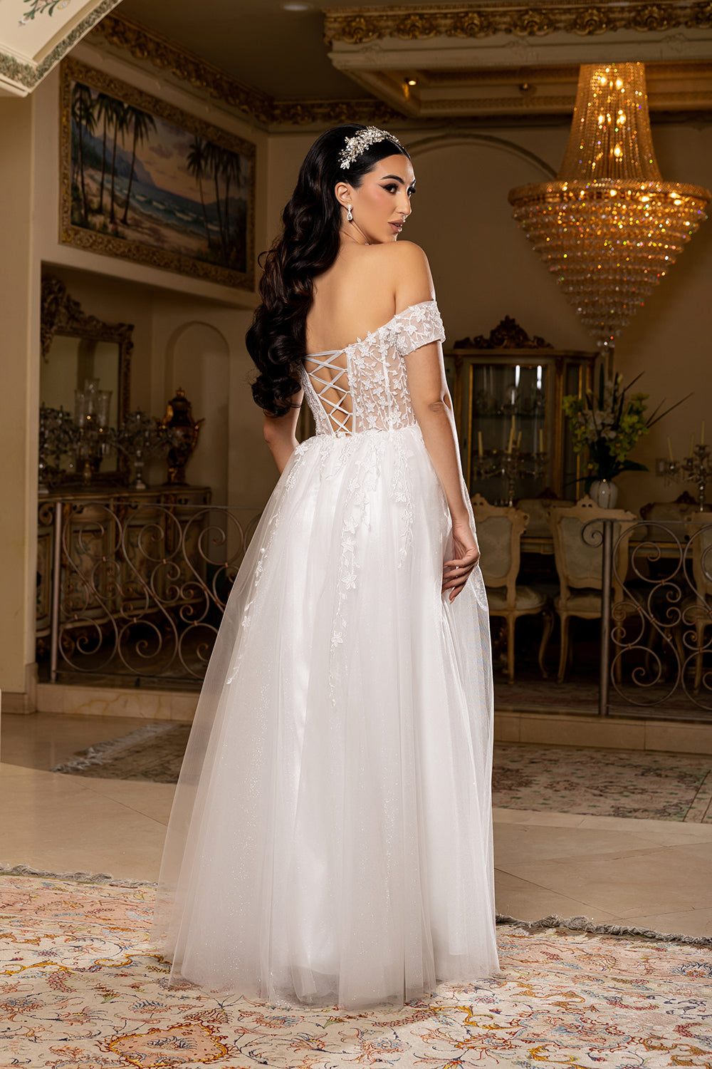 Off-Shoulder Corset Wedding Dress with Tulle A-Line Skirt & Slit Bridal Gown by May Queen MQ2200