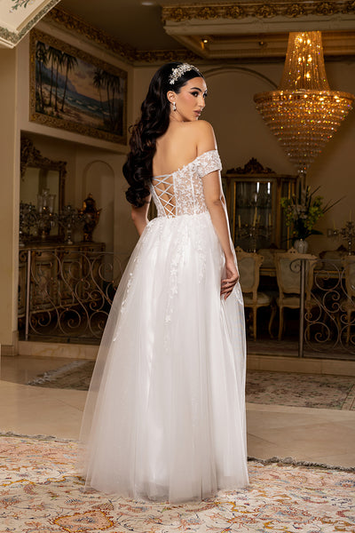 Off-Shoulder Corset Wedding Dress with Tulle A-Line Skirt & Slit Bridal Gown by May Queen MQ2200