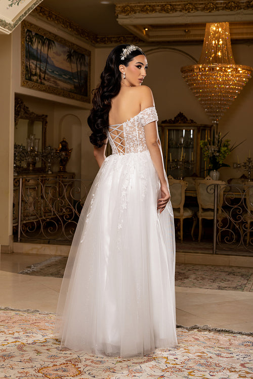 Off-Shoulder Corset Wedding Dress with Tulle A-Line Skirt & Slit Bridal Gown by May Queen MQ2200