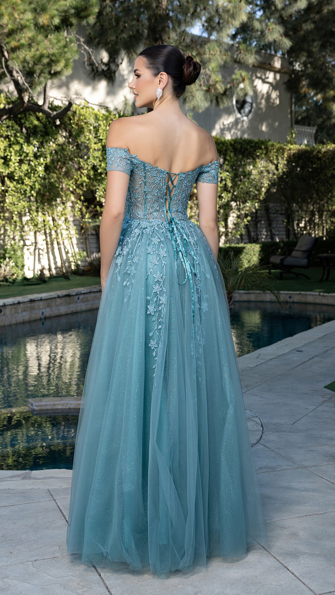 Off-Shoulder Lace Tulle Evening Gown with Corset Back and Slit Prom Dress by May Queen MQ2200