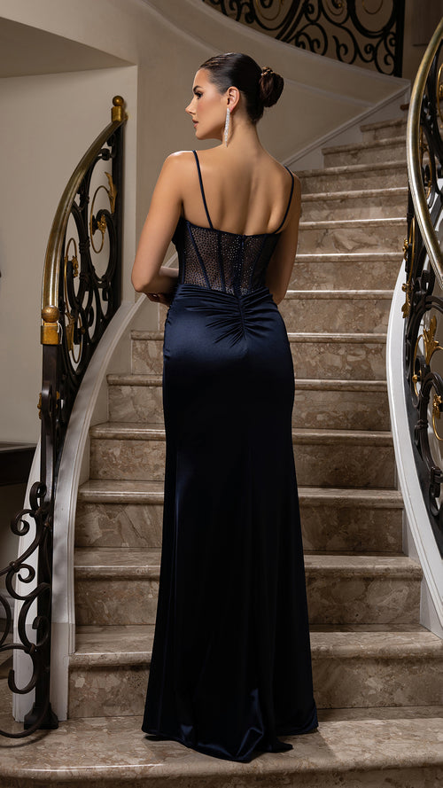 Sleeveless Satin Corset Prom Dress with Sheer Bodice and High Slit Evening Gown by May Queen MQ2201