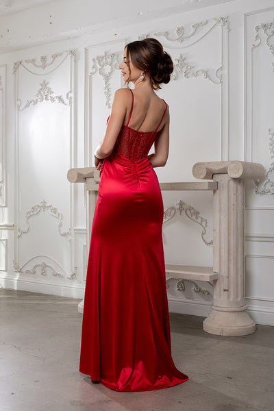 Sleeveless Satin Corset Prom Dress with Sheer Bodice and High Slit Evening Gown by May Queen MQ2201
