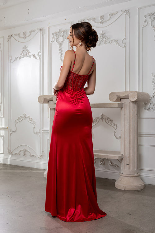 Sleeveless Satin Corset Prom Dress with Sheer Bodice and High Slit Evening Gown by May Queen MQ2201