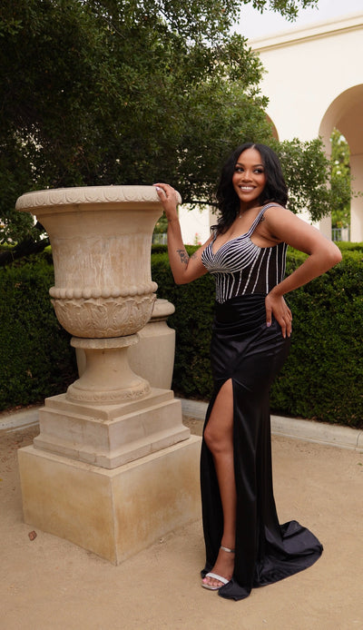 Off-Shoulder Satin Gown with Beaded Corset & Lace-Up Back Prom Dress by May Queen MQ2202