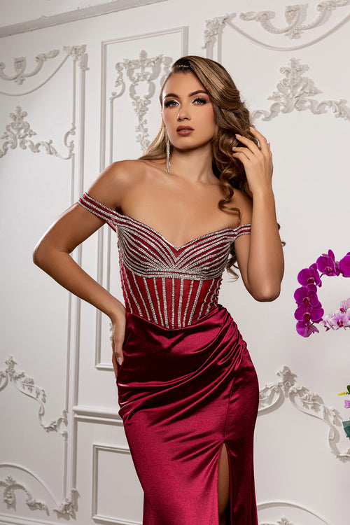 Off-Shoulder Satin Gown with Beaded Corset & Lace-Up Back Prom Dress by May Queen MQ2202