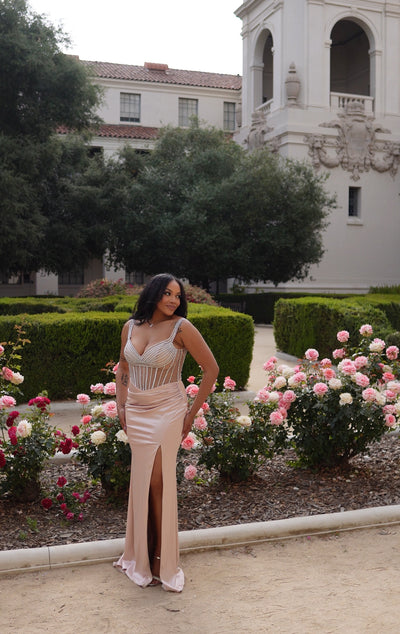 Off-Shoulder Satin Gown with Beaded Corset & Lace-Up Back Prom Dress by May Queen MQ2202