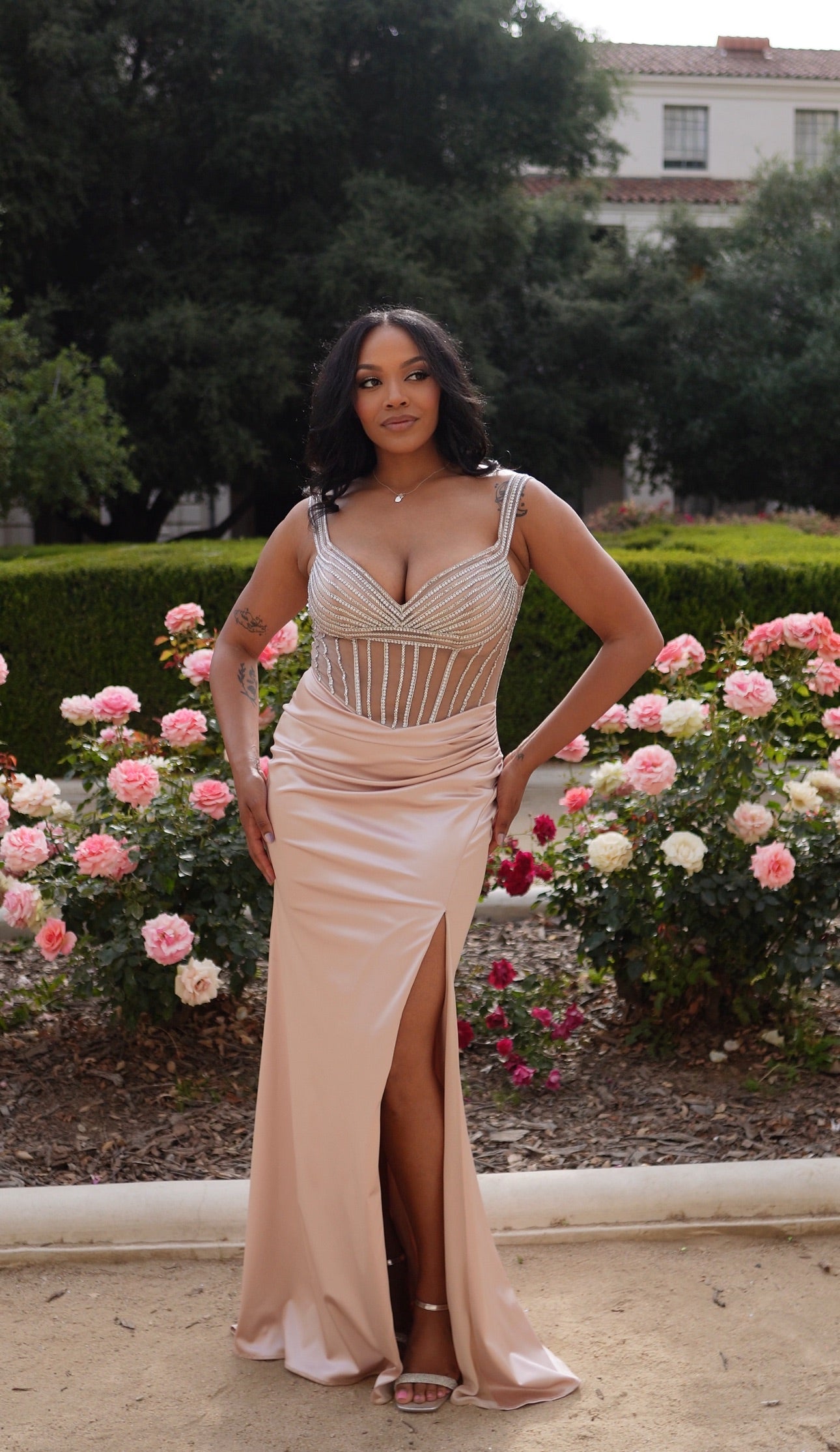 Off-Shoulder Satin Gown with Beaded Corset & Lace-Up Back Prom Dress by May Queen MQ2202