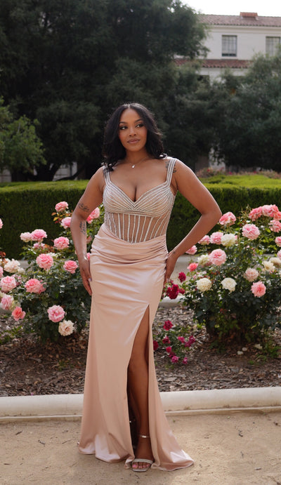 Off-Shoulder Satin Gown with Beaded Corset & Lace-Up Back Prom Dress by May Queen MQ2202