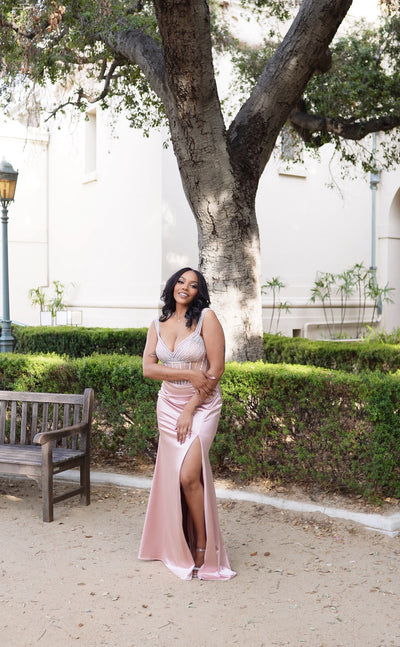 Off-Shoulder Satin Gown with Beaded Corset & Lace-Up Back Prom Dress by May Queen MQ2202