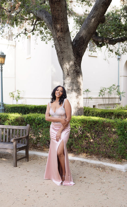 Off-Shoulder Satin Gown with Beaded Corset & Lace-Up Back Prom Dress by May Queen MQ2202