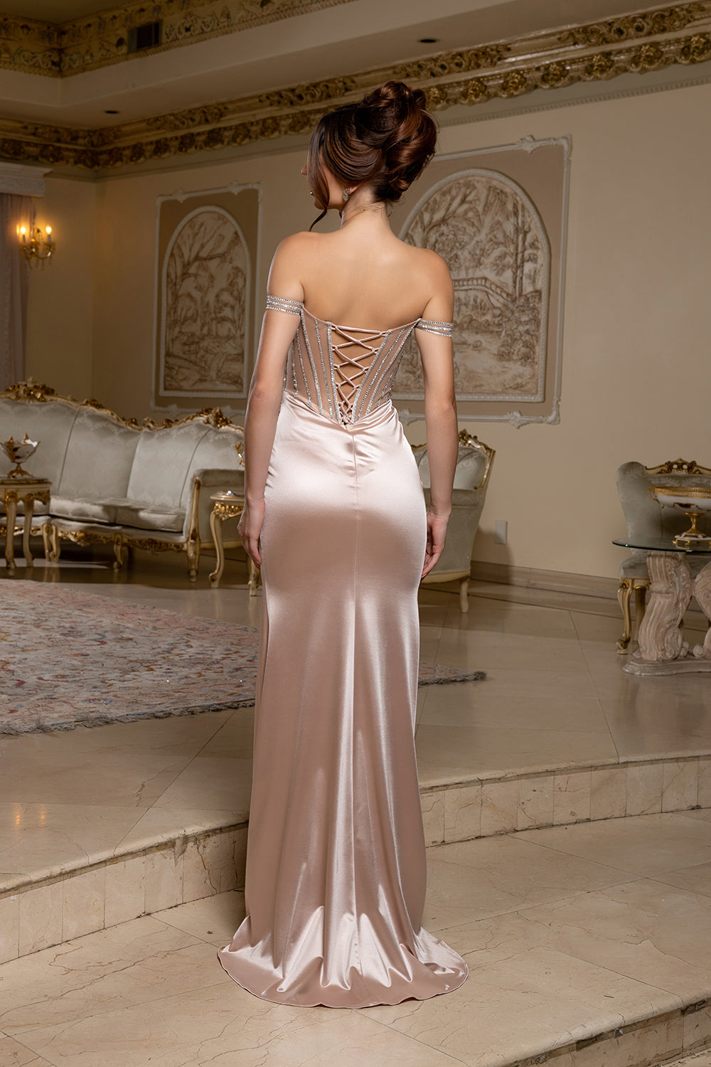 Off-Shoulder Satin Gown with Beaded Corset & Lace-Up Back Prom Dress by May Queen MQ2202