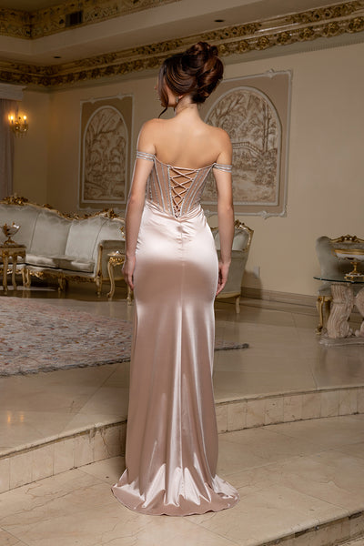Off-Shoulder Satin Gown with Beaded Corset & Lace-Up Back Prom Dress by May Queen MQ2202