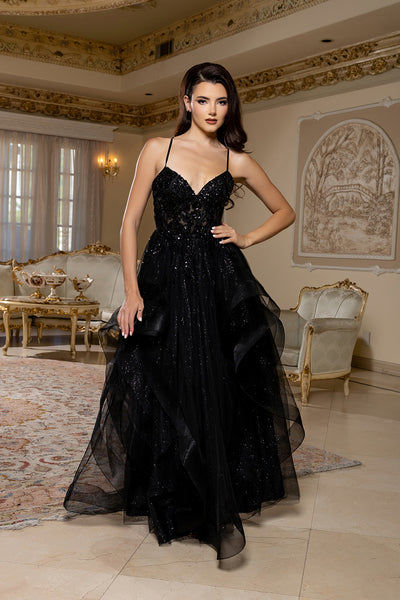 Sleeveless A-Line Tulle Dress with Lace-Up Back Spaghetti Strap Gown by May Queen MQ2203