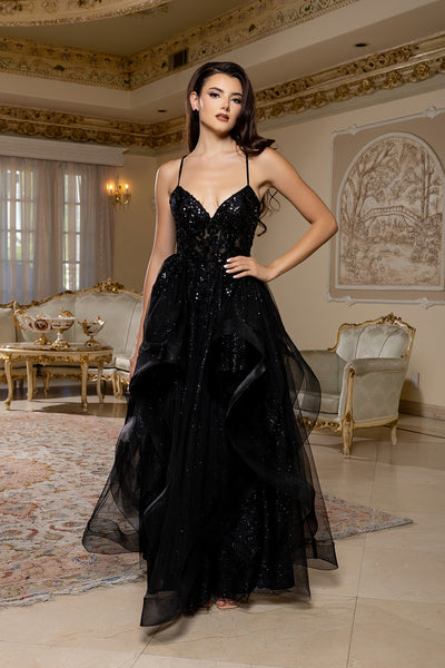Sleeveless A-Line Tulle Dress with Lace-Up Back Spaghetti Strap Gown by May Queen MQ2203