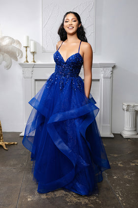 Sleeveless A-Line Tulle Dress with Lace-Up Back Spaghetti Strap Gown by May Queen MQ2203