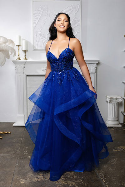Sleeveless A-Line Tulle Dress with Lace-Up Back Spaghetti Strap Gown by May Queen MQ2203