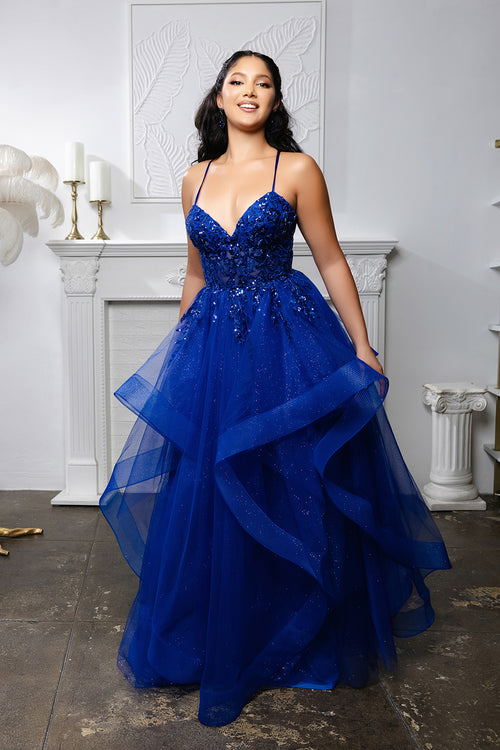 Sleeveless A-Line Tulle Dress with Lace-Up Back Spaghetti Strap Gown by May Queen MQ2203