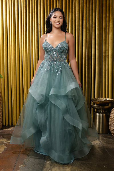 Sleeveless A-Line Tulle Dress with Lace-Up Back Spaghetti Strap Gown by May Queen MQ2203