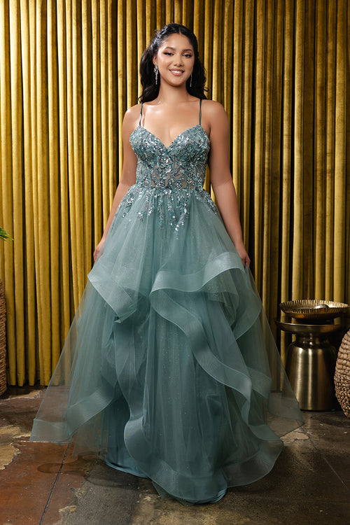 Sleeveless A-Line Tulle Dress with Lace-Up Back Spaghetti Strap Gown by May Queen MQ2203
