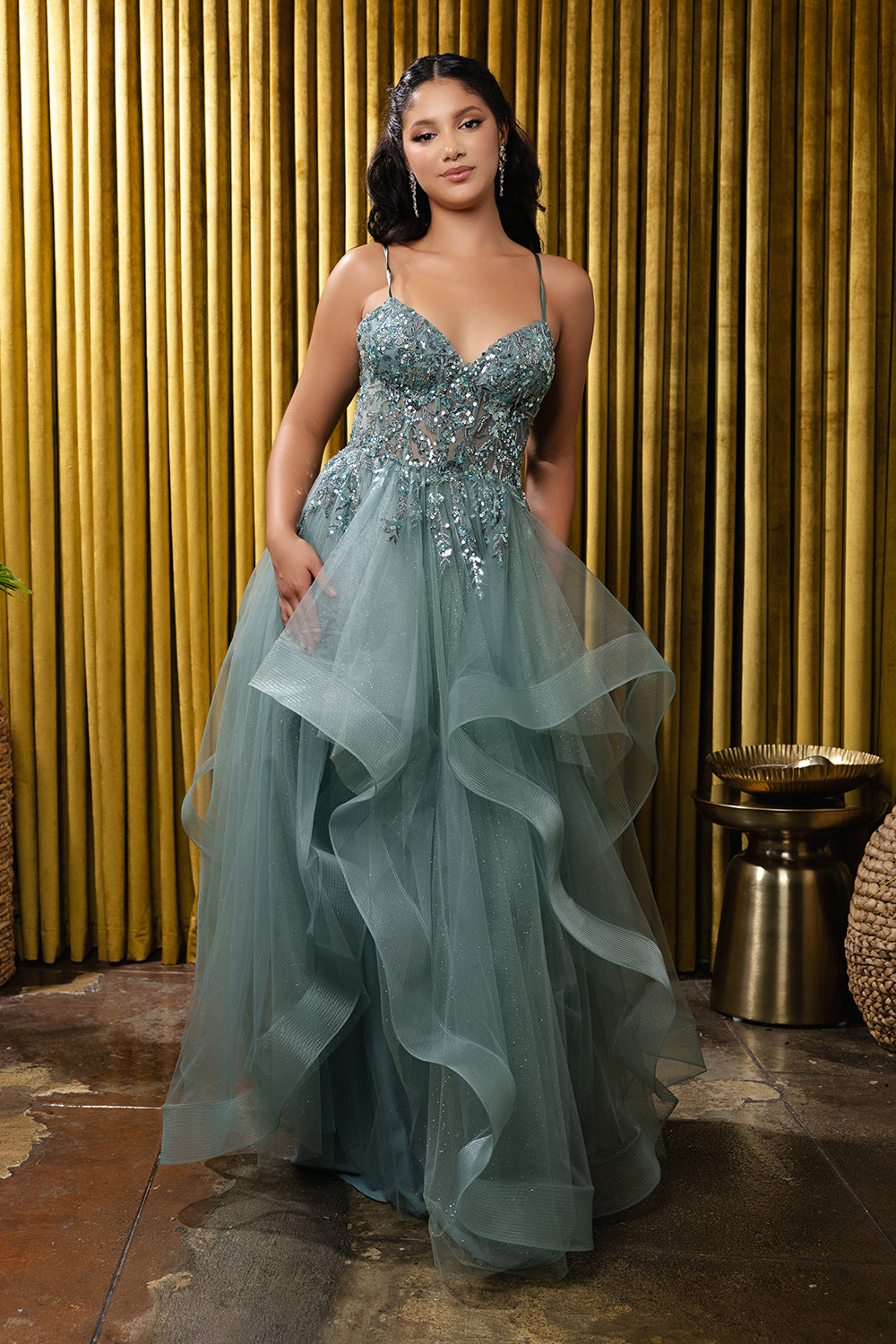Sleeveless A-Line Tulle Dress with Lace-Up Back Spaghetti Strap Gown by May Queen MQ2203