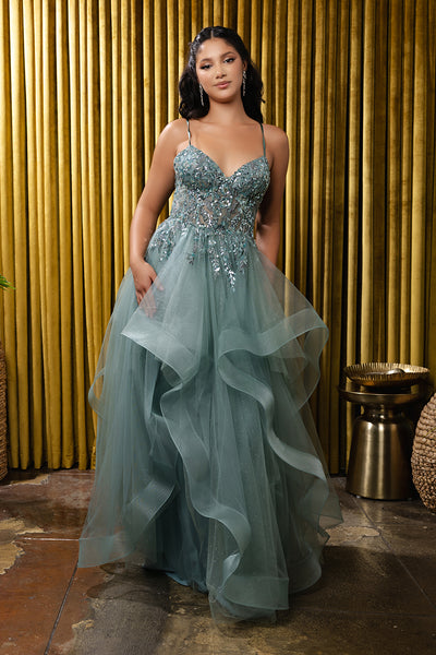 Sleeveless A-Line Tulle Dress with Lace-Up Back Spaghetti Strap Gown by May Queen MQ2203