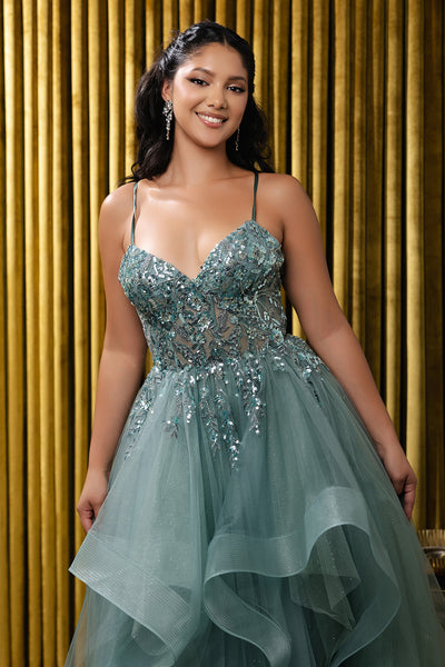Sleeveless A-Line Tulle Dress with Lace-Up Back Spaghetti Strap Gown by May Queen MQ2203