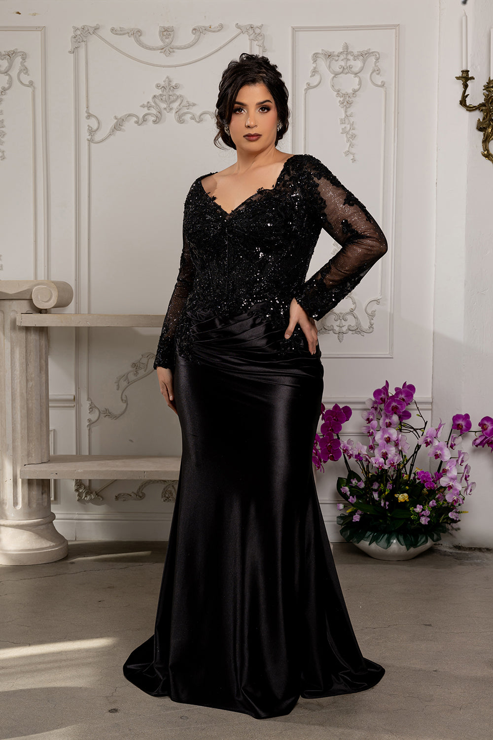 Sequin Long Sleeve Sheath Evening Gown Formal Dress with Illusion Lace Back by May Queen MQ2204
